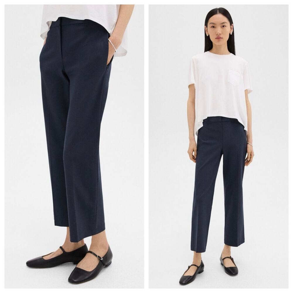 Theory Navy Blue Crop Kick Pant Plus Size 16 Flare Leg Trousers Stretch Cotton